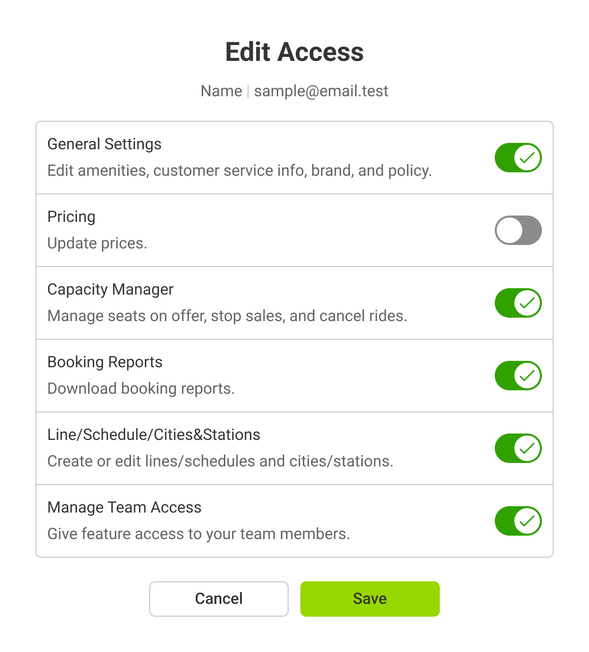 Settings to edit access rights