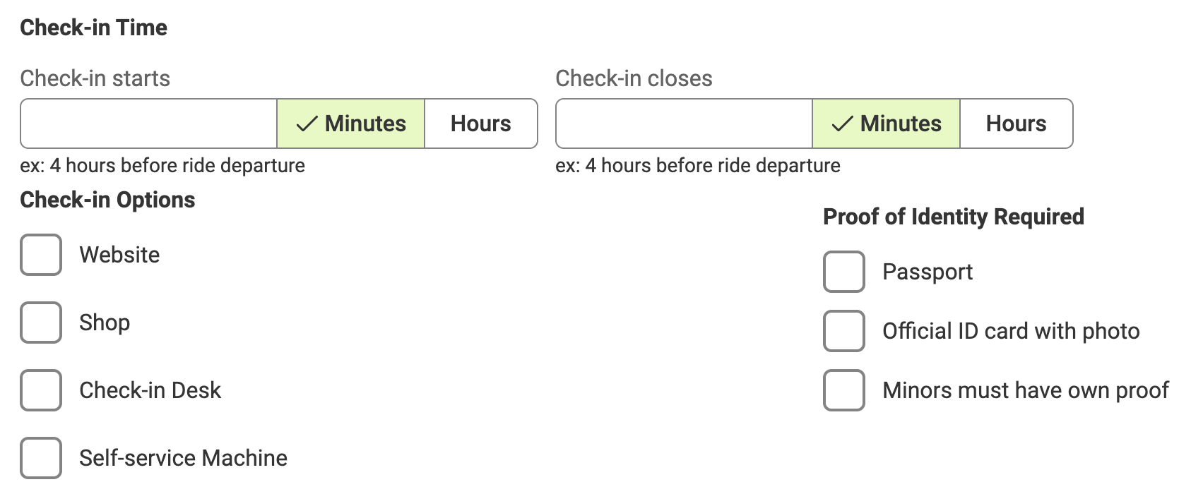 Form to fill in check-in requirements