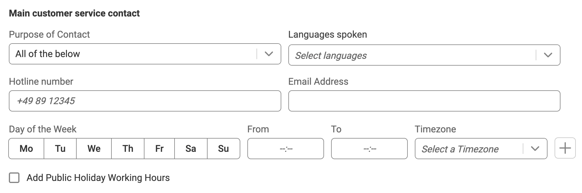 Form to fill in customer service details