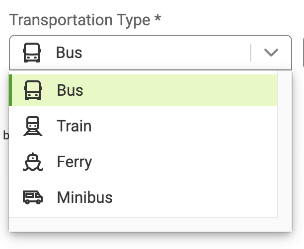 Dropdown to select transportation type