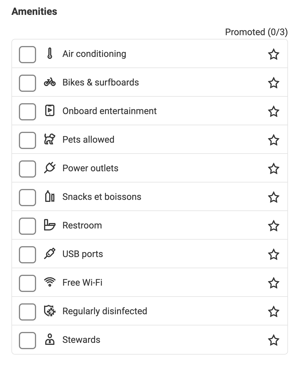 Checkboxes to select amenities