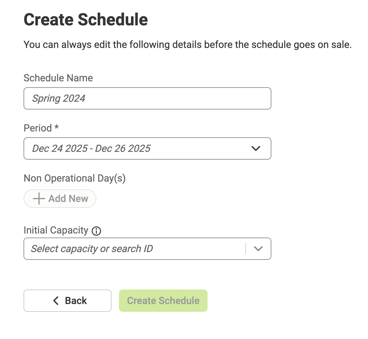 Form to fill in basic schedule information