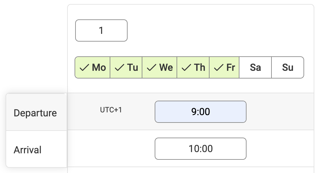 Input field for departure and arrival time