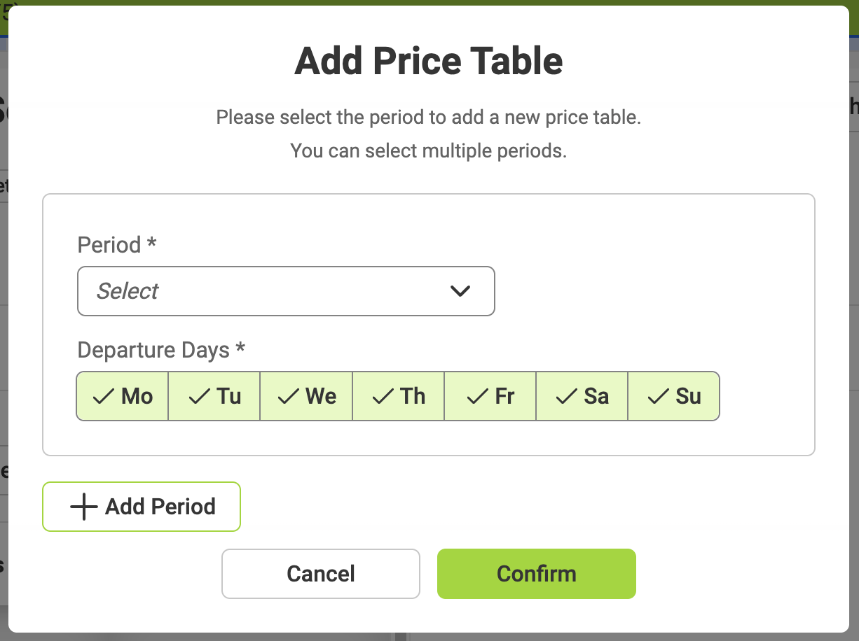 Form to enter price table details